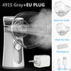 A white handheld mesh nebulizer with a clear mask and an EU plug, along with separate adult and kid masks and a USB cable.