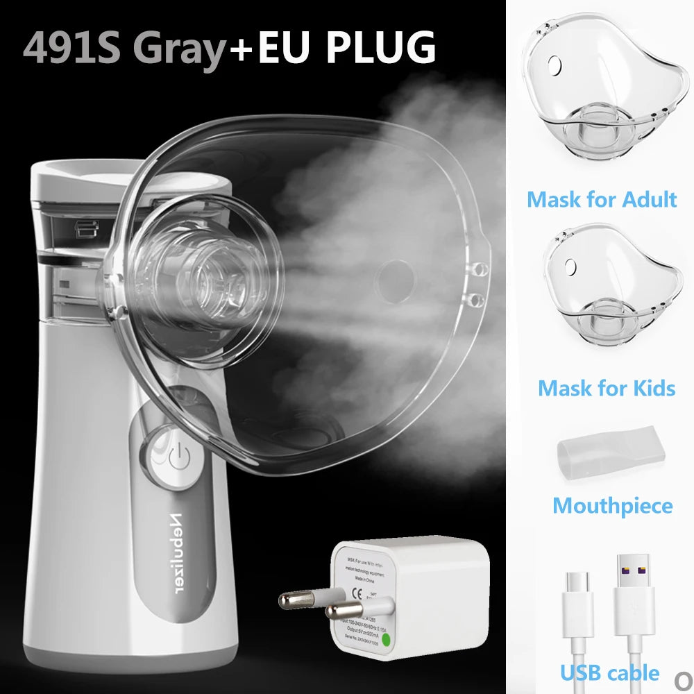 A white handheld mesh nebulizer with a clear mask and an EU plug, along with separate adult and kid masks and a USB cable.