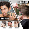 A collage showing a man getting a haircut, shaving, and beard styling with an electric hair clipper.