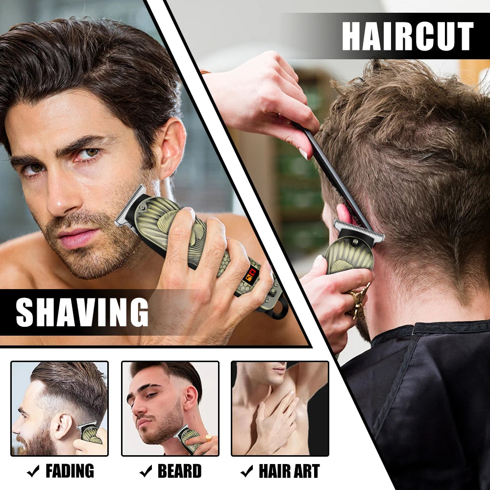 A collage showing a man getting a haircut, shaving, and beard styling with an electric hair clipper.
