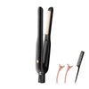 Plancha y rizador de cabello negro de cerámica, mostrados con sus componentes.