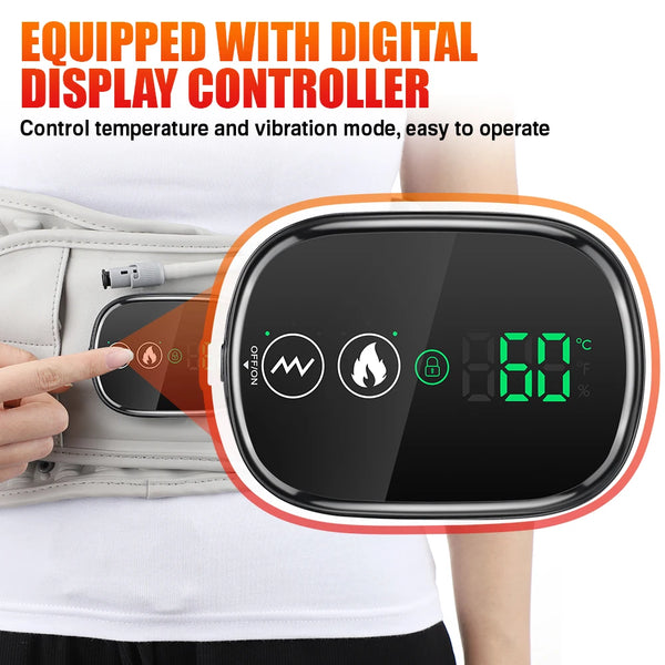 A hand is operating a black digital display controller attached to an inflatable back heating support belt.