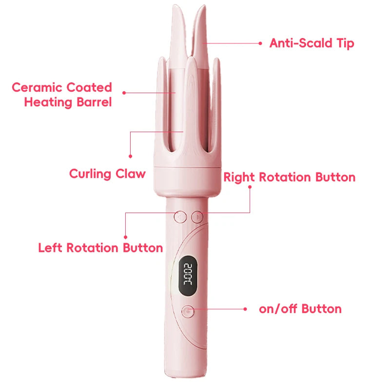 A pink professional rotating curling iron with a ceramic coated heating barrel and various control buttons.