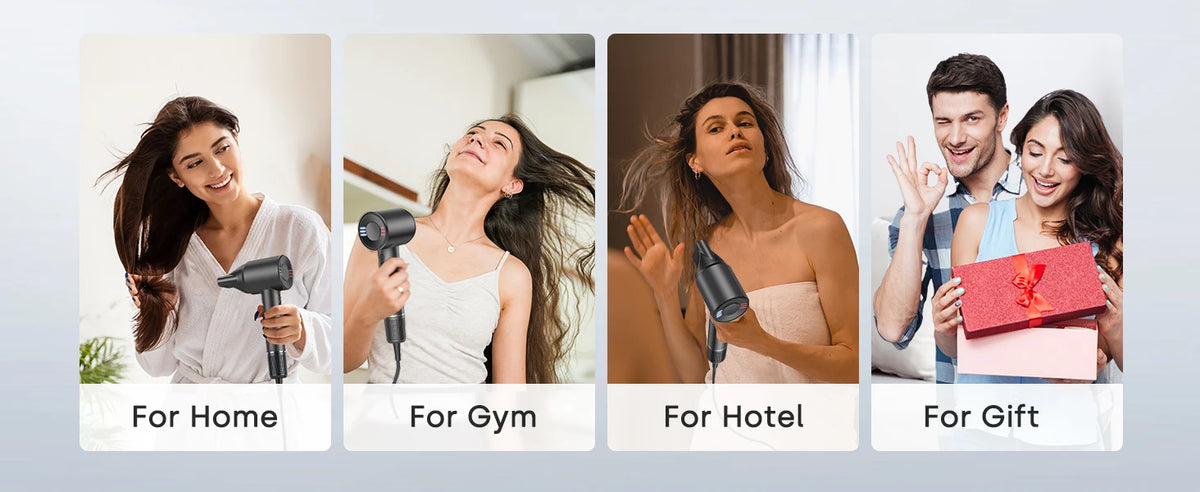Four women demonstrate a professional high-speed ionic hair dryer for home, gym, hotel, and gift use.