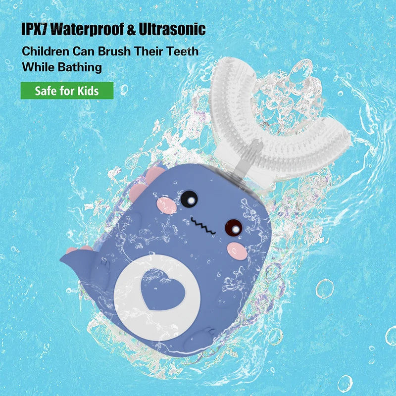 A purple cartoon-shaped electric toothbrush is shown submerged in water, demonstrating its IPX7 waterproof and ultrasonic fea