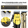 A yellow and gold rotary hair trimmer with an adjustable cutter head and various guard attachments for precision grooming.