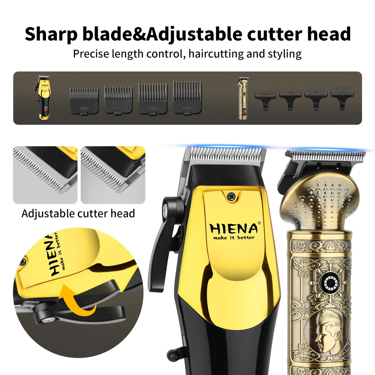 A yellow and gold rotary hair trimmer with an adjustable cutter head and various guard attachments for precision grooming.