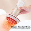 A hand is using an electric meridian brush on skin for fat burning and anti-cellulite heating massage.