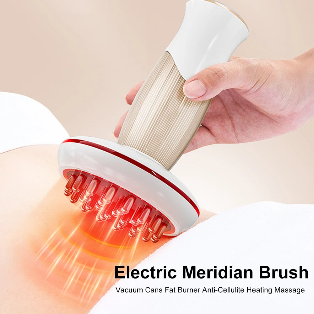 A hand is using an electric meridian brush on skin for fat burning and anti-cellulite heating massage.