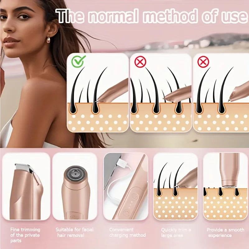 A close-up of a portable electric shaver epilator device and its usage demonstration on skin.