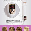 A white digital temperature display curling iron with a cord, showing temperature settings and usage instructions.
