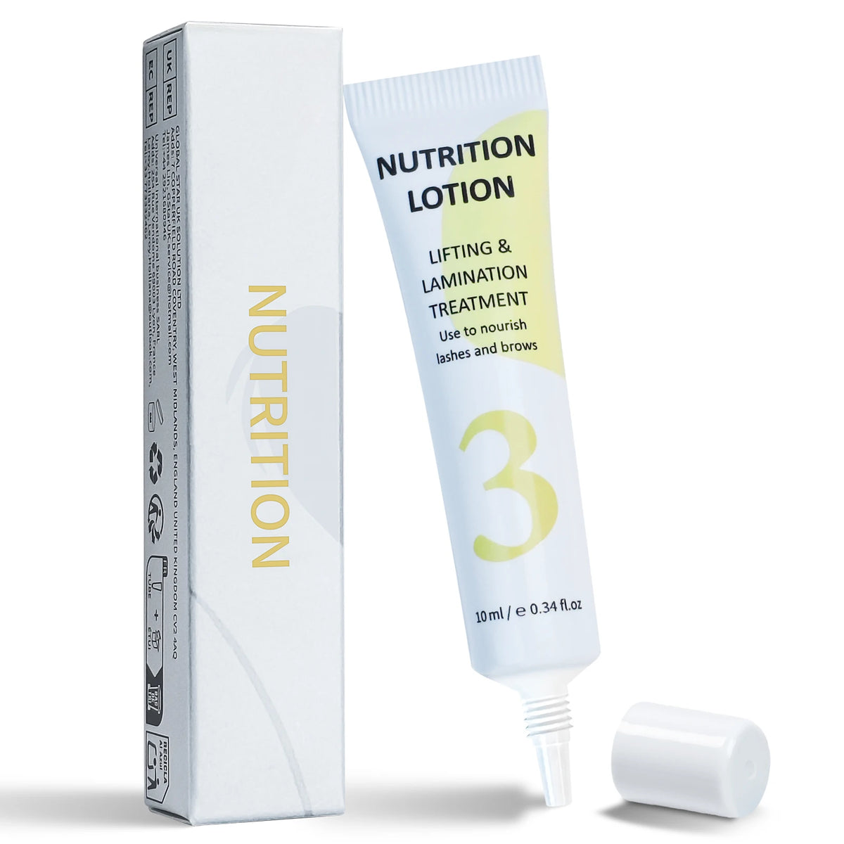 Tube de lotion nutritionnelle pour le lifting et le lissage, à côté de son emballage.