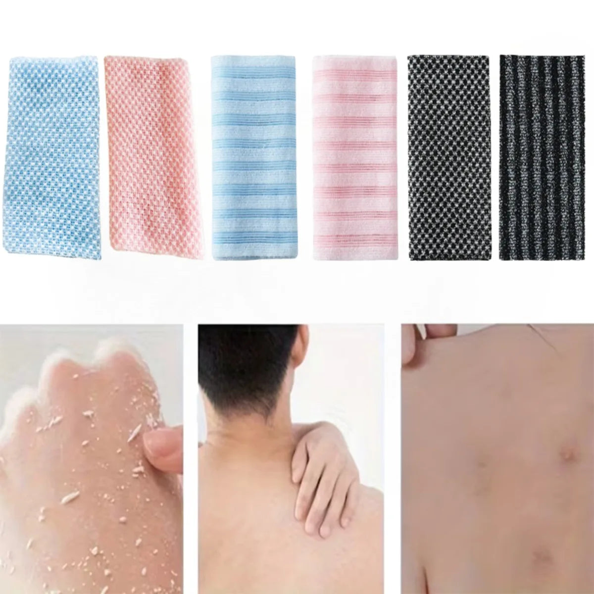 A set of exfoliating loofahs in various colors including blue, pink, and black, shown alongside skin texture images.