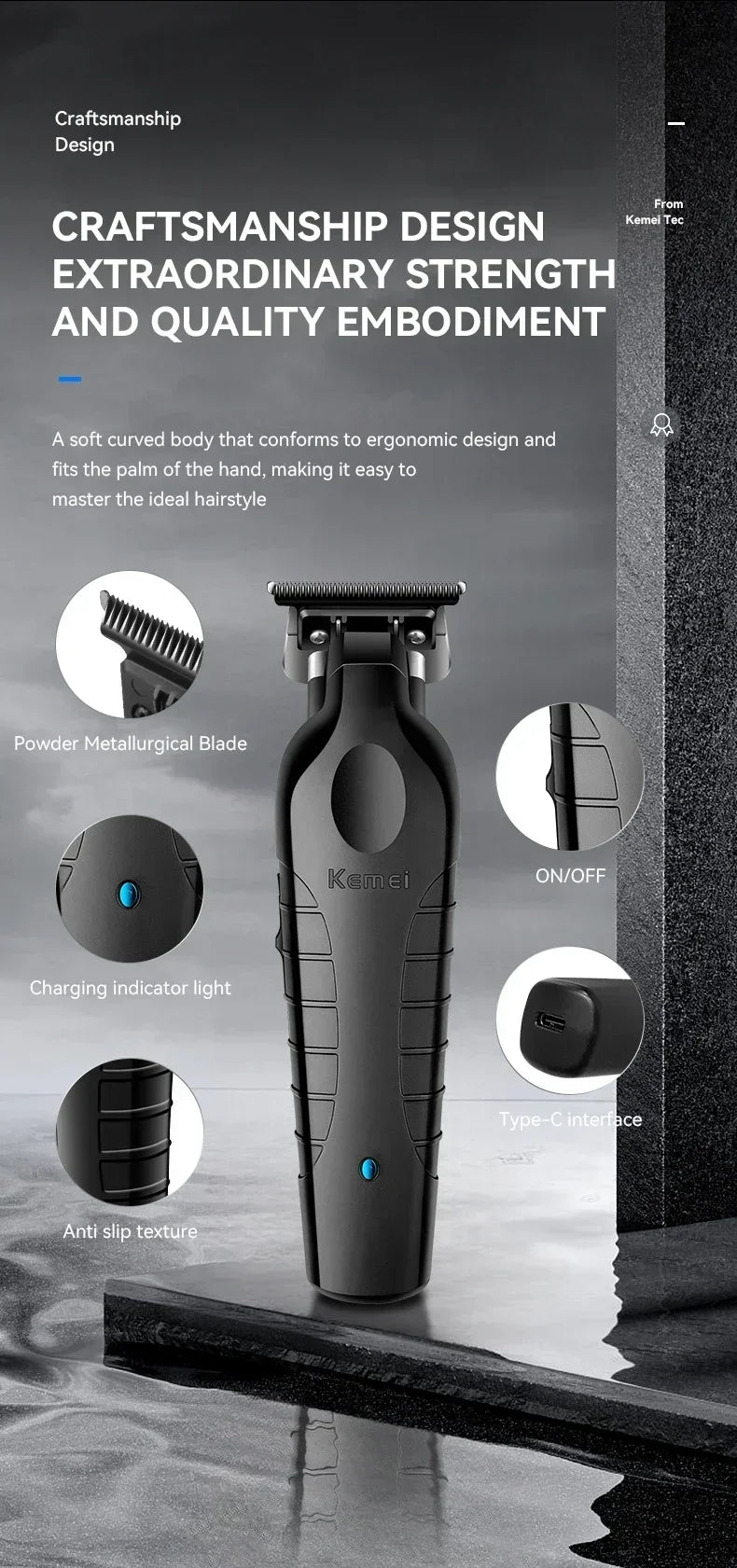 A black professional electric hair trimmer with a soft curved body and a metal blade shown against a dark background.