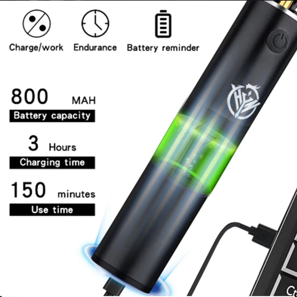 A black electric beard and hair trimmer with battery capacity, charging time, and usage time specifications displayed.