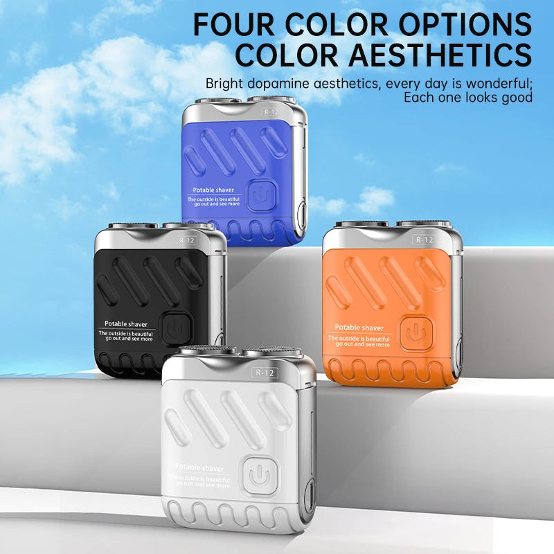 Four color options of a portable shaver displayed against a light blue sky background.