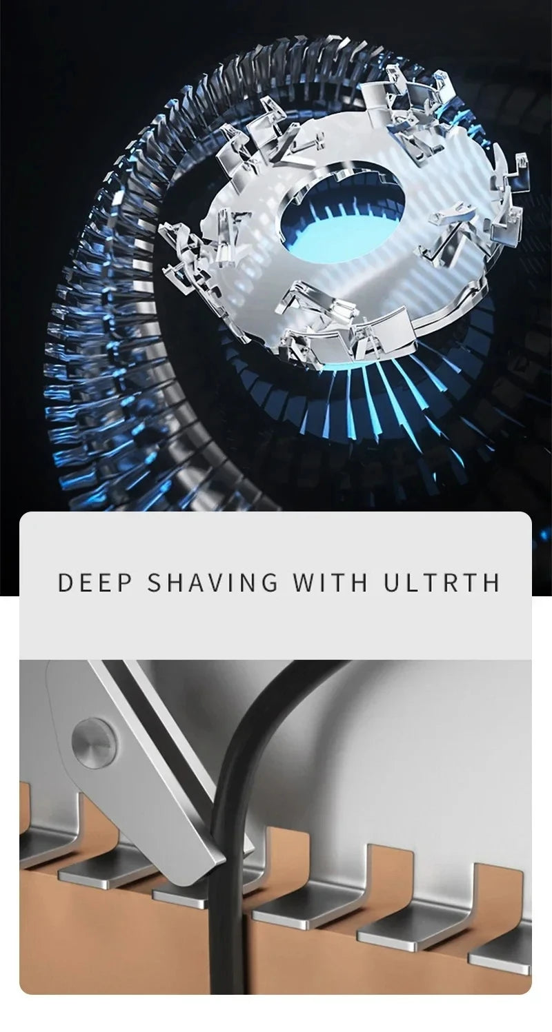 Close-up of a silver electric shaver head and a close-up of a shaving foil with a black cord.