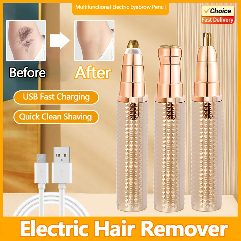 Three versions of a multifunctional electric eyebrow pencil for hair removal with USB fast charging and quick clean shaving.