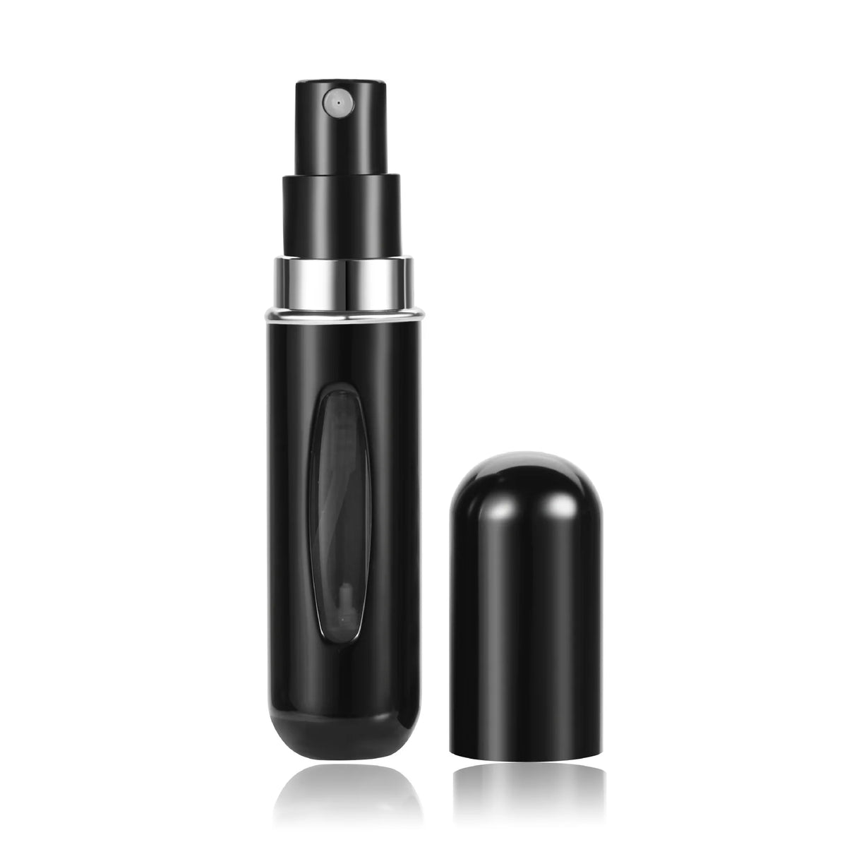 A black portable mini perfume refill spray bottle standing upright on a white background.