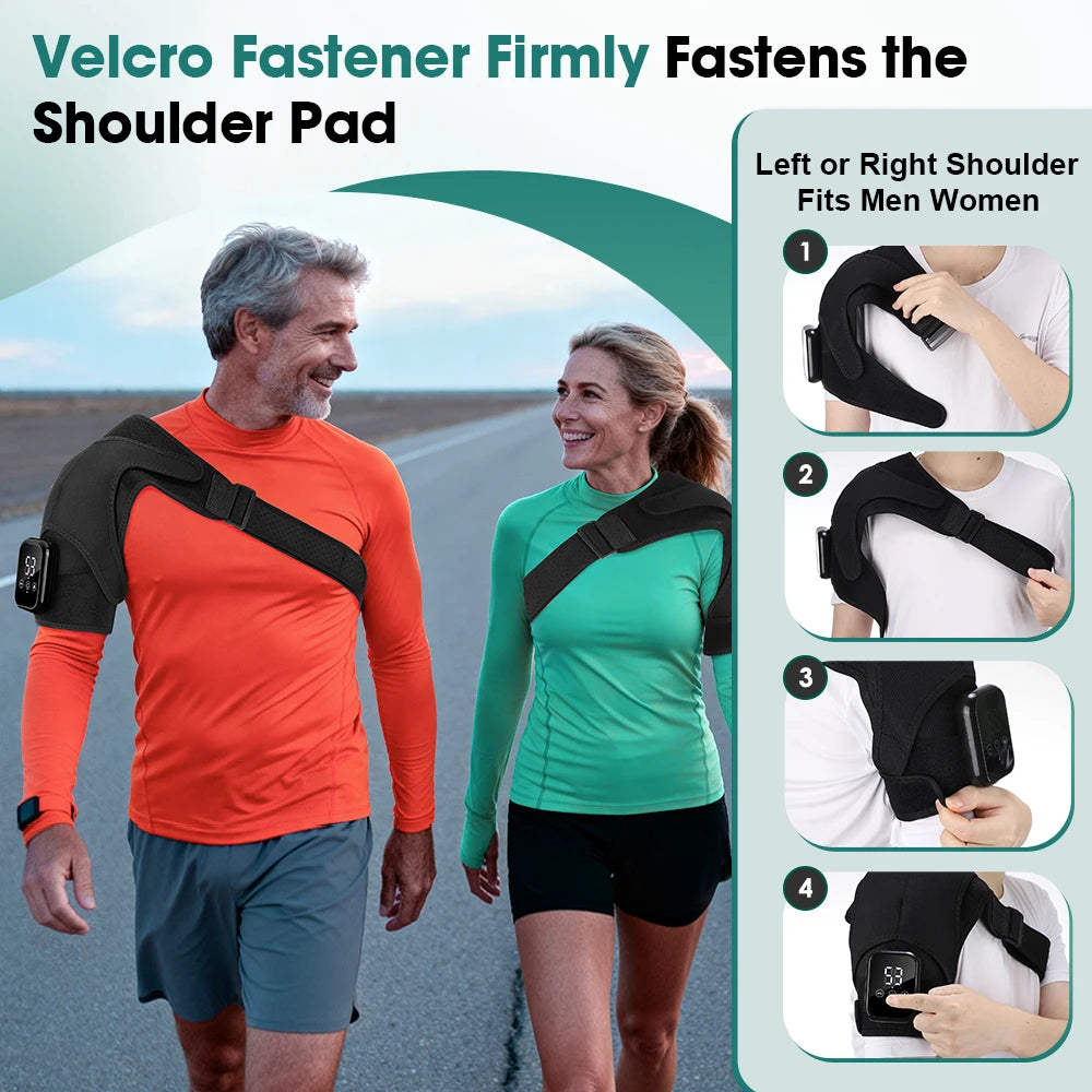 A woman is shown using a Velcro fastener to firmly attach a shoulder pad to her shoulder.