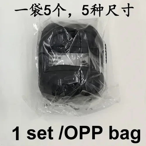 A clear plastic bag containing a set of five beard shaving templates.