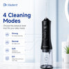 A black high-pressure oral irrigator flosser with a clear chamber is shown next to mode selection options.