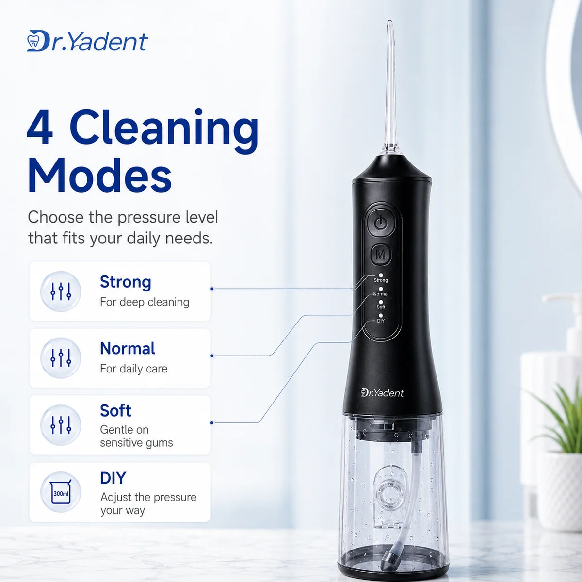 A black high-pressure oral irrigator flosser with a clear chamber is shown next to mode selection options.