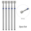 A set of five silver diamond nail drill bits with blue accents shown vertically.