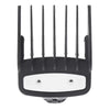 Black precision hair clipper guide comb set with multiple prongs and a round base.