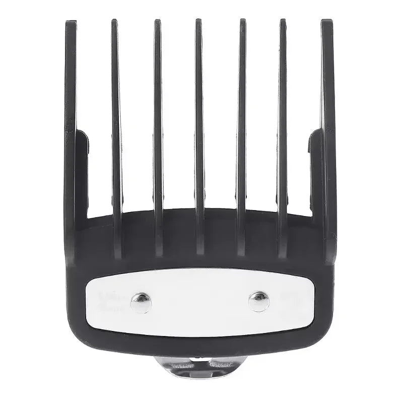 Black precision hair clipper guide comb set with multiple prongs and a round base.