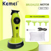 A lime green Kemel brushless motor hair clipper with accessories displayed on a light green surface.
