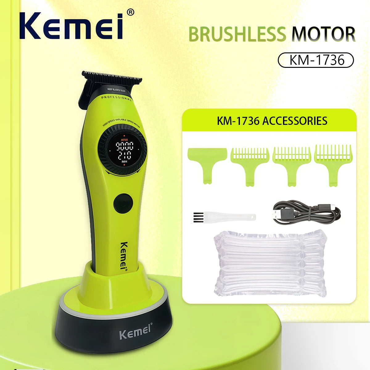 A lime green Kemel brushless motor hair clipper with accessories displayed on a light green surface.