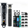A set of professional cordless hair clippers and beard trimmers in black and blue packaging.