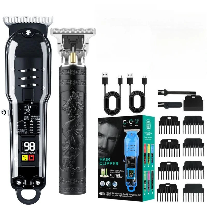 A set of professional cordless hair clippers and beard trimmers in black and blue packaging.