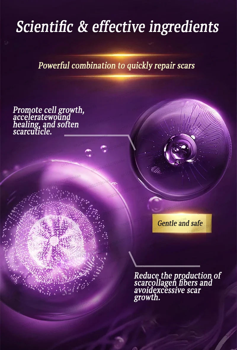 A close-up of a purple silicone patch demonstrating scientific ingredients that promote cell growth and accelerate wound heal