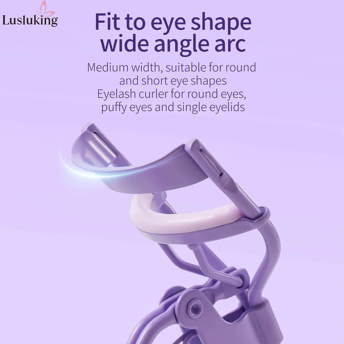 A purple precision eyelash curler with a wide angle arc is shown against a light purple background.