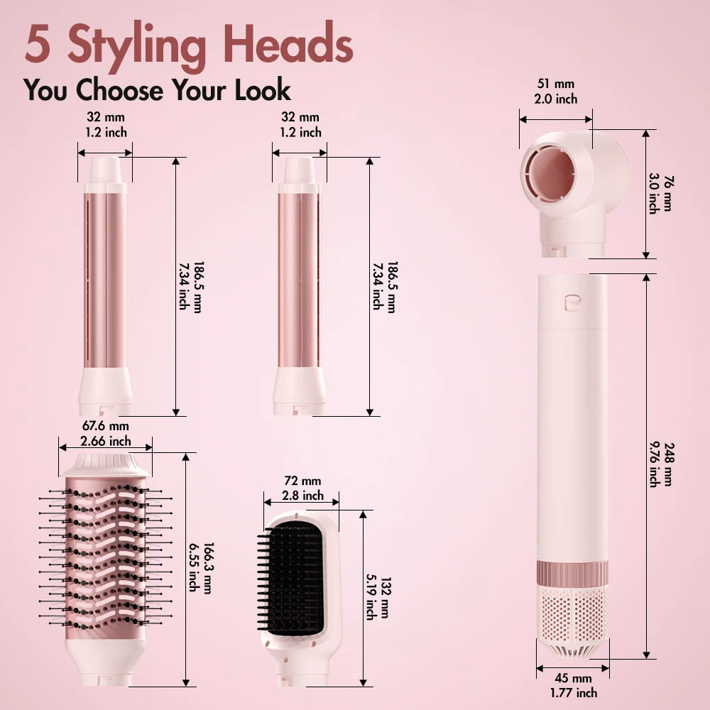 Ein Set von fünf Styling-Köpfen für eine Haarbürste mit rosa und weißen Farben und verschiedenen Größen.