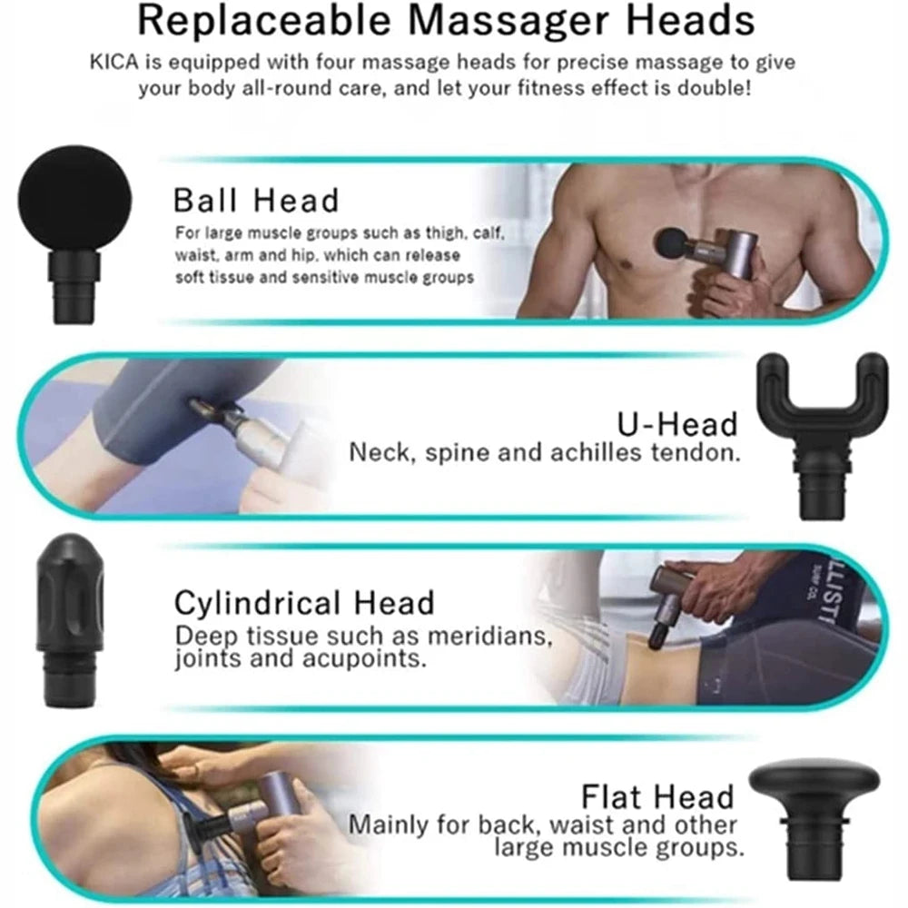 Eine Sammlung von vier austauschbaren Massageköpfen für eine portable Tiefenmassagepistole, darunter eine Kugel, U-förmige un