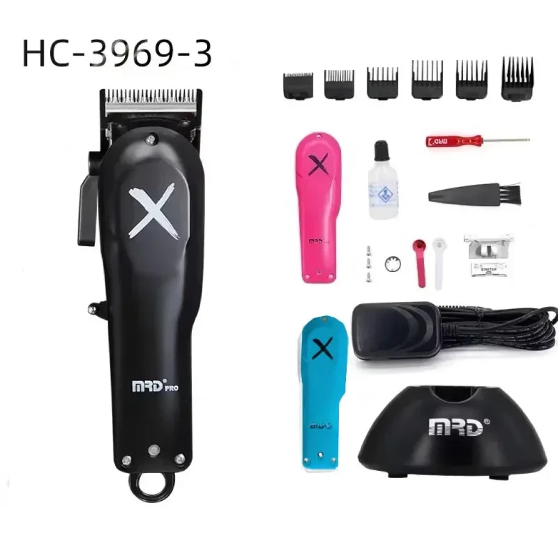 A set of professional cordless hair clippers and trimmers including various guards and accessories.