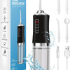 A black portable electric water flosser device is shown with various tips and accessories, demonstrating its use for oral cle