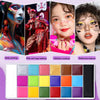 Une palette de 20 couleurs de peinture faciale et corporelle professionnelles affichées en grille.
