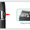 Close-up of a black electric beard trimmer showing the power level and an easy-to-clean shaving head.