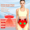 A woman demonstrates a red light abdominal heating pad for pain relief therapy on her torso.