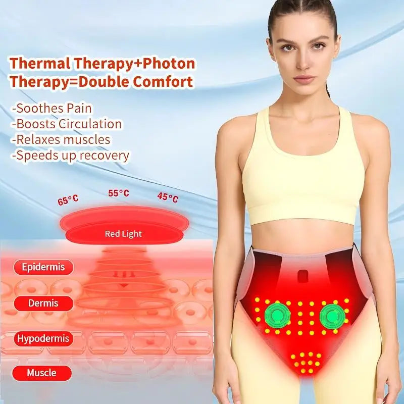 A woman demonstrates a red light abdominal heating pad for pain relief therapy on her torso.