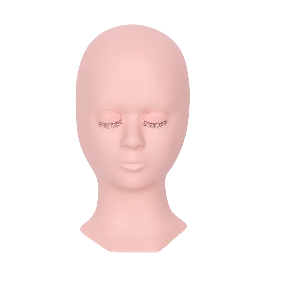 A realistic silicone mannequin head used for practicing eyelash extensions.