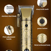 Display of a gold-colored electric grooming kit showing its structure including the blade, handle, and display features.
