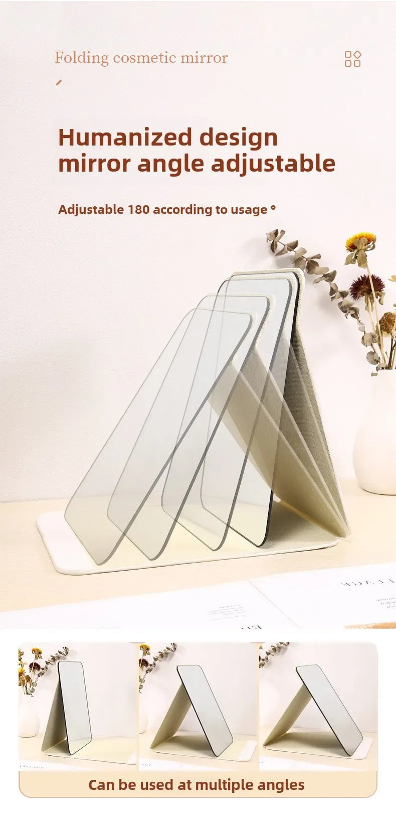 A folding cosmetic mirror in a beige color is shown adjusting its angle for use.