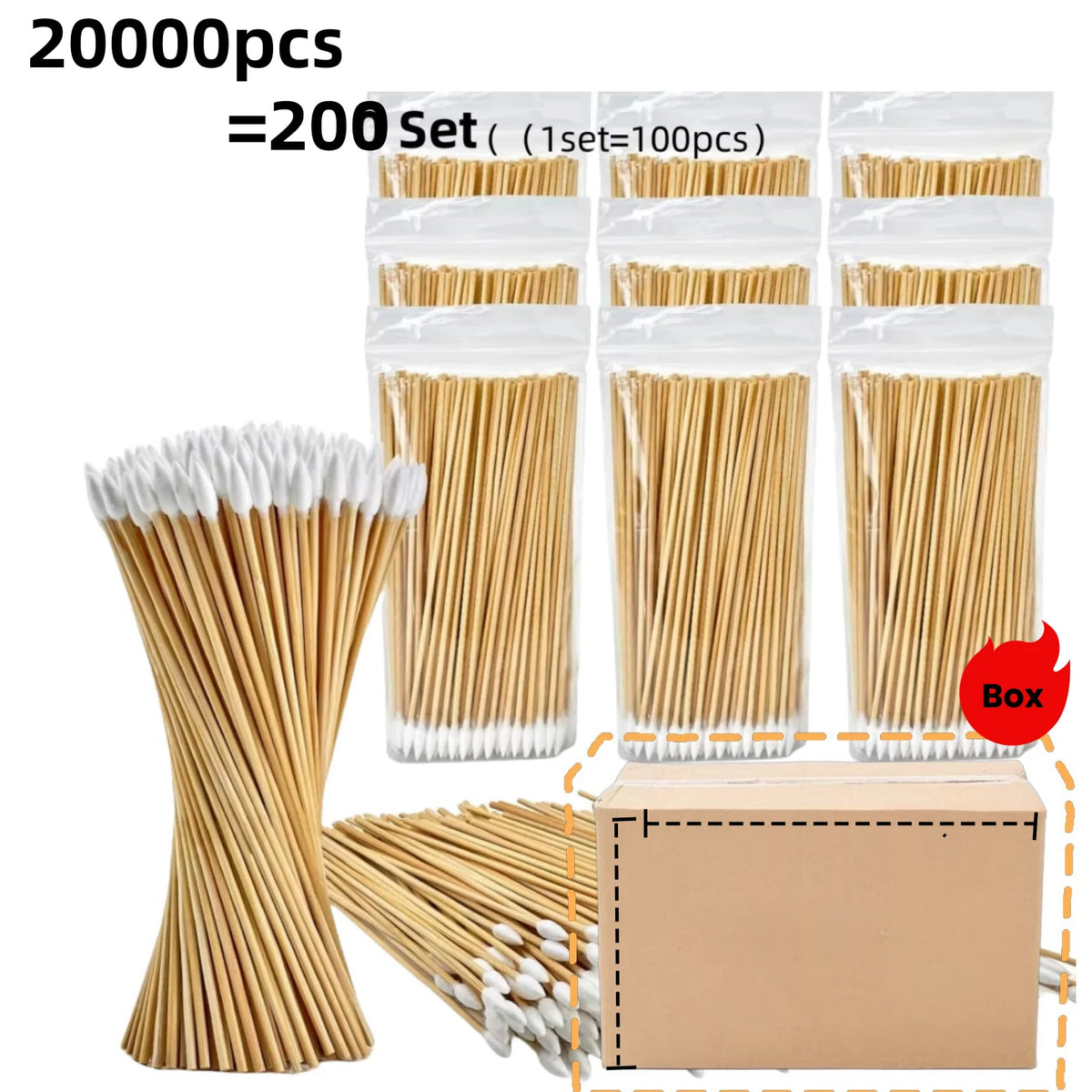 A box of 200 sets of precision wooden cotton swabs, showing numerous individual swabs and a full box.