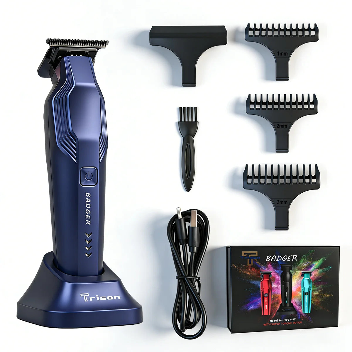A blue Bader hair trimmer and various precision blades are displayed on a white background.