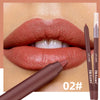 A close-up of a brown matte lip liner pencil and a pair of nude-toned lips demonstrating its use.